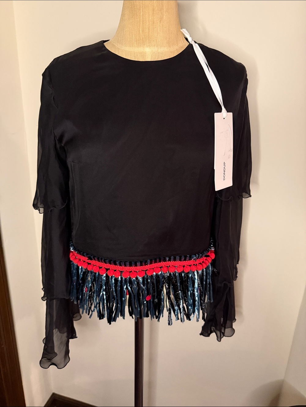 Dondup Black Long-Sleeve Blouse with Red Pom Trim and Metallic Fringe